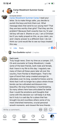 A public comment made by a camp parent on the camp's Facebook page.