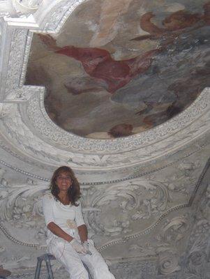 Luisa Pari restoring the ceiling affrescos on Garda Lake, Italy