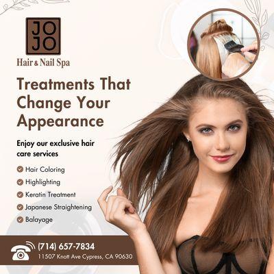 Transform your look with expert hairstyling services at JoJo Hair & Nail Spa, where beauty meets innovation for a stunning new you.