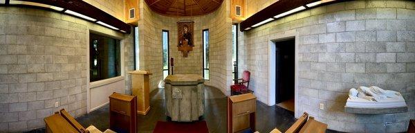 Panorama of the St. Cecelia Chapel. The window on the left is the separate prayer and meditation room.