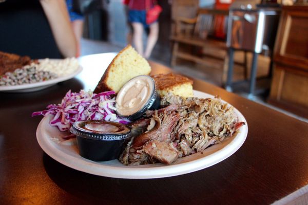 BBQ pork with coleslaw and cornbread