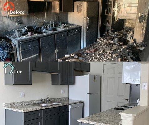 Kitchen before and after from Fire Damage.