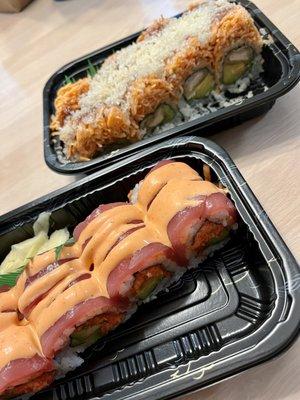 red dragon roll [front] & crunchy 2 in 1 roll [back]