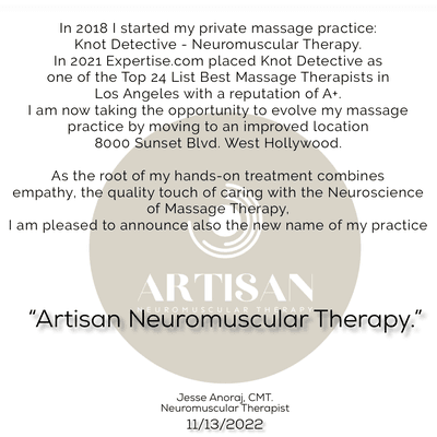 In 2018 I started my private massage practice: Knot Detective - Neuromuscular Therapy. In 2021 Expertise.com placed Knot Detective as one of