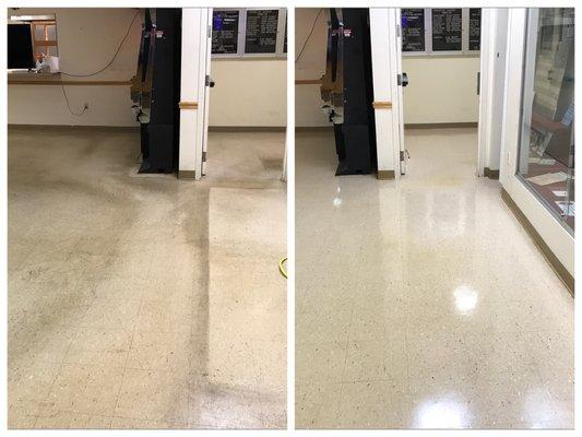 Commercial building entrance strip and wax floor service before and after