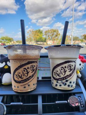 Milk Tea with Honey Boba (left) and Iced Milk with Caramel Egg Pudding with Honey Boba (right)