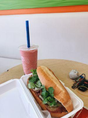 BBQ Pork Sandwich and Strawberry Smoothie