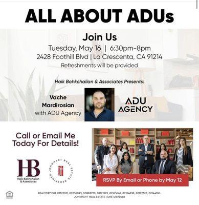 We Hosted an ADU seminar! 

Ask me ANYTHING ADU 

Make the most out of your investments!