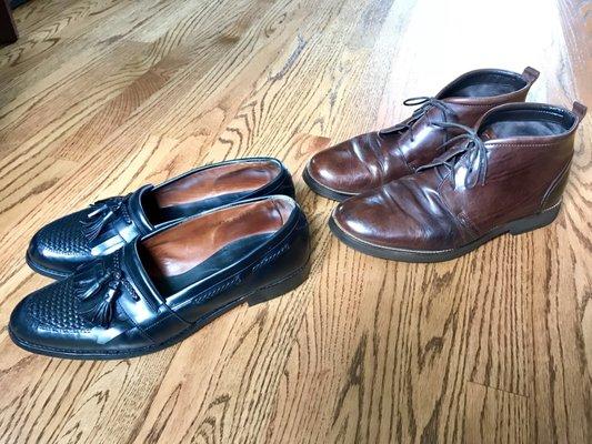 AJ just revived two pair of shoes for me--dress shoes and chukas, and both look new! Total bill: $55! Great value!