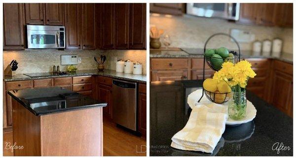 Occupied stage where the kitchen items were edited to draw attention to the island.