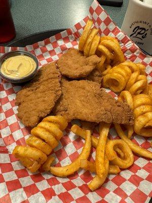 Chicken finger basket with seasoned curly fries