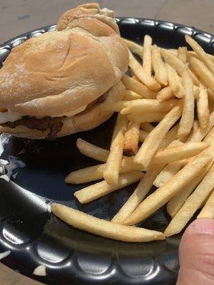 Cheeseburger and fries. Add a beer or two and this makes for an enjoyable meal poolside.