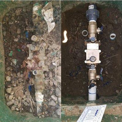 Before and after pictures of a backflow repair.