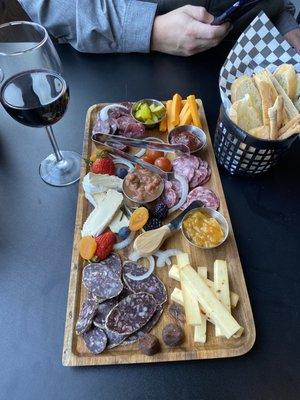 Texas charcuterie board + Brie because it's my favorite. Tannat from Bending Branch.