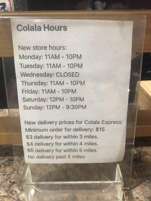 Current hours and delivery fees