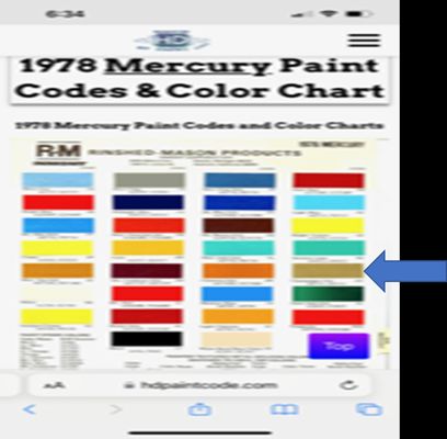 Blue arrow shows correct color selected from 1978 Mercury color chart!  Gold!