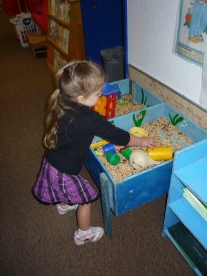 One of the sensory tables.  Aka:  fun sand table!