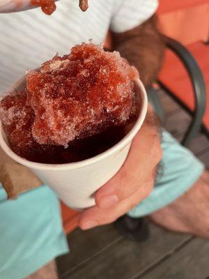 Hatteras style snow ball with raspberry ice and rocky road ice cream