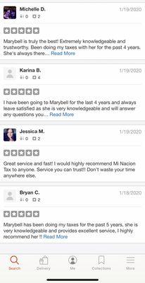 Some of my perfect reviews that got moved by yelp.