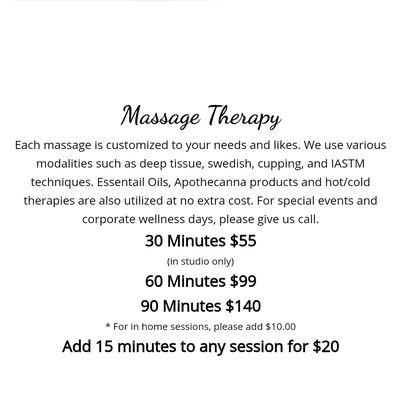 Pricing for Massages as of 02/25/19