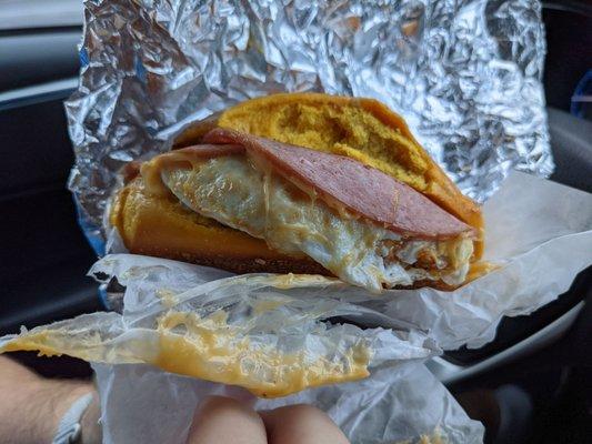 Taylor ham egg and cheese on an egg bagel