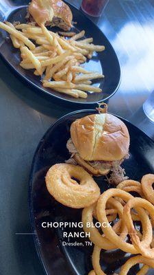 Hot BBQ Sandwich, fries, & onion rings.