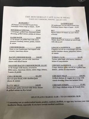 Menu with updated pricing