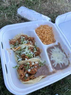 chicken taco plate with rice and beans