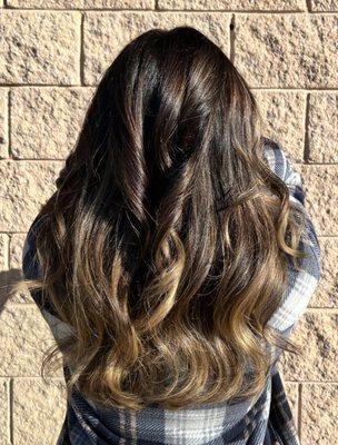 She's ready for fall!! Deep brown base with mocha, chocolate brown lowlights and golden highlights.  Hair done by Allette.