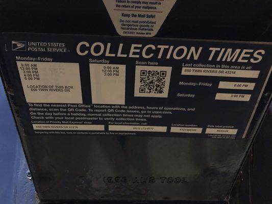 Collection times on an outside box.