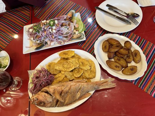 Fried Red Snapper with Tostones, Seafood Ceviche Mixto, and Maduros.