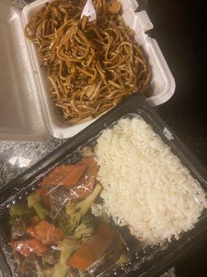 Beef Lo Mein and Beef Broccoli