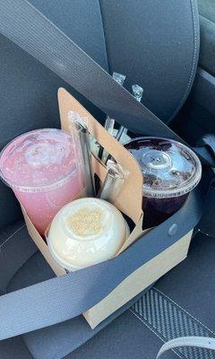 Pink lemonade mega tea, berry bubbly mega tea, mint chocolate chip shake, and vanilla wafer shake