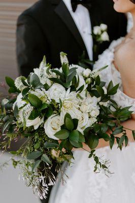 All white and greenery brides bouquet