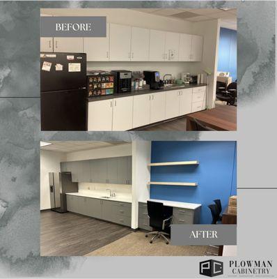 Commercial kitchen before and after in Newtown Square! Sleek modern cabinets as you walk into the office is sure to impress clients!