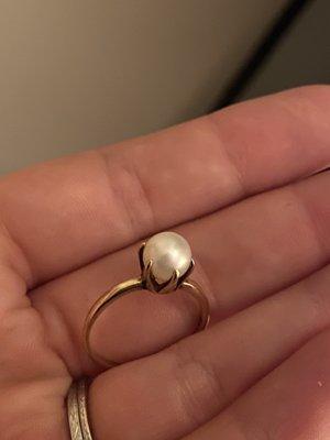 Inherited ring with bent prongs, causing pearl to fall out. Repaired!