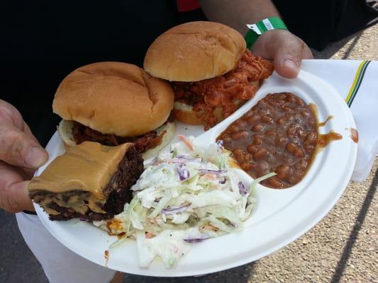 Sliders, slaw and baked beans