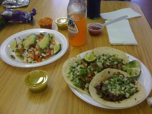 shrimp tostada (top left) 3 tacos (bottom right)