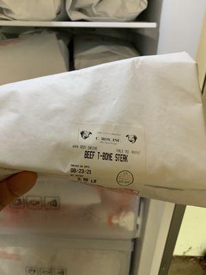 Typical cut meat packaging with label indication cut of meat, date and weight.