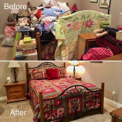 This basement guest room worked well to store items for an estate sale, but once the sale was done this client was motivated to clean it up!