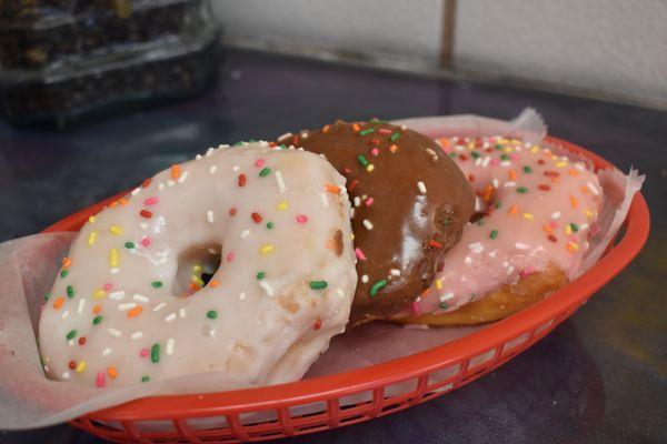 Vanilla/chocolate/strawberry sprinkle donuts