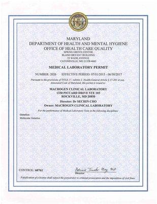 Macrogen's Maryland State-Certified Medical Lab Permit 2015 to 2017