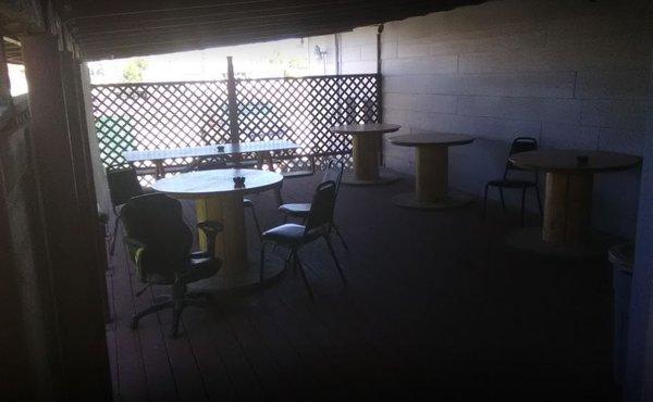 Covered outdoor seating on the back deck