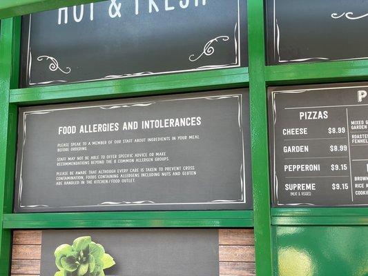 Allergy notice on menu