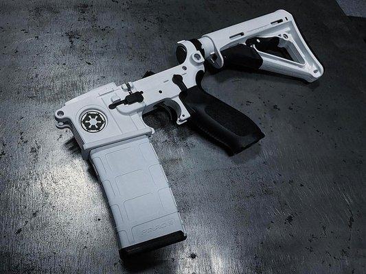 Armory Valentine - SBR, Cerakoted with Star Wars theme.  Lower Receiver has been laser cut to reveal Star Wars logo that has ...