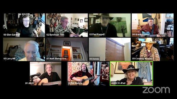 Screenshot of the beginning of a typical Zoom open mic. Always free to join in and share your music!