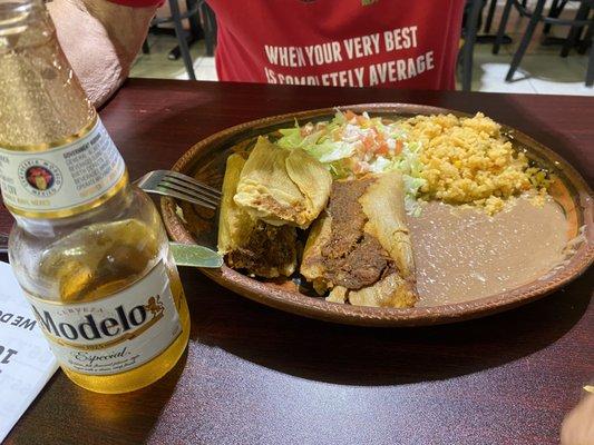 Tamales, rice Beans