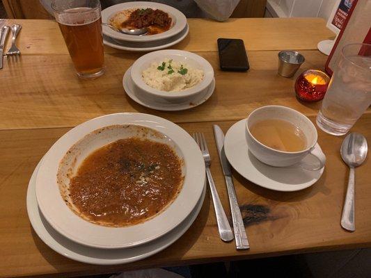 Fire Roasted Tomato Soup, Cheesy Grits, and Buttered Rum (fg) and chili and SunKing Osiris IPA (bg) - perfect for a drizzly fall evening.