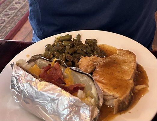 Pork tenderloin, loaded baked potato and green beans -- excellent!!