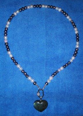 "Black" and white Freshwater Pearls and carabiner (connector), from Bead Source.